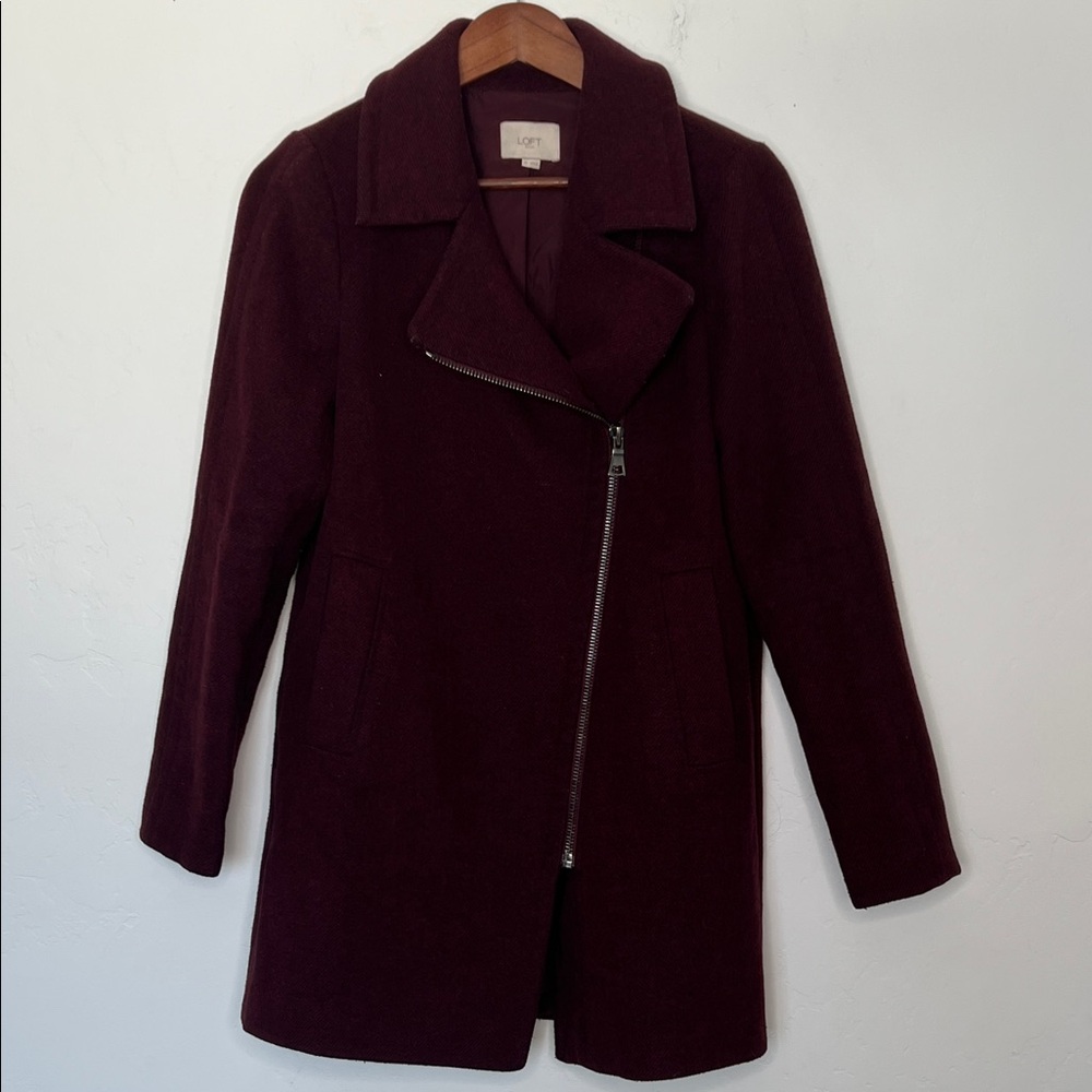 LOFT Burgundy Wool‎ Blend Moto Coat XS Zip Front Jacket Women